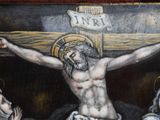 a painting of jesus on the cross with other people