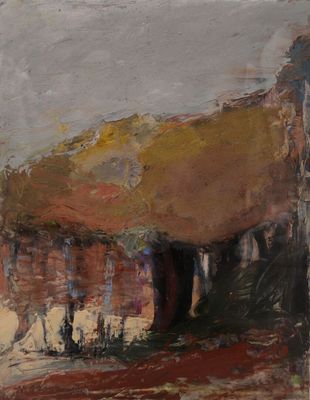 une peinture à l'huile représentant une grange avec des moutons dans un champ
