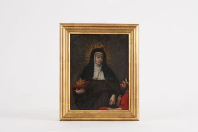 un tableau représentant une religieuse coiffée d'une couronne, dans un cadre doré