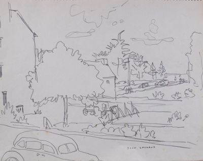 dessin d'une scène de rue avec une voiture garée sur le côté de la route