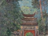une peinture à l'huile représentant un portail au milieu d'une forêt