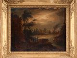 an oil painting of a river scene with a castle in the distance