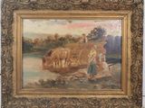 une peinture à l'huile représentant un homme et une femme travaillant à la ferme