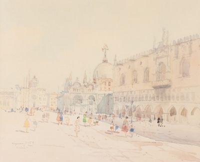 un tableau représentant une rue de la ville avec des gens qui s'y promènent