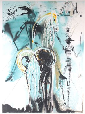 peinture abstraite représentant une femme et un cheval dans un paysage bleu