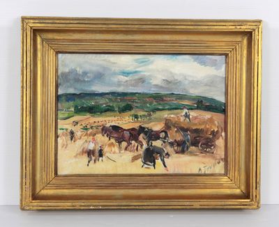 une peinture à l'huile représentant une scène de vie à la ferme avec des chevaux et des personnages