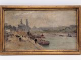 painting of a river scene with boats and buildings in the background