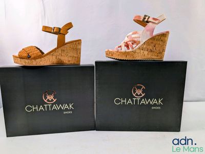 two pairs of women ' s shoes are on display in a black box