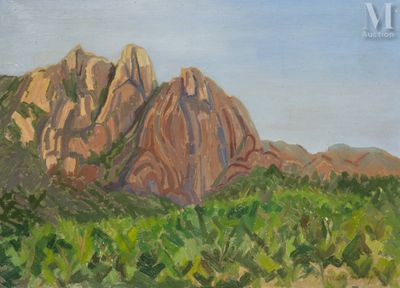 une peinture à l'huile représentant une montagne au loin, avec des arbres au premier plan