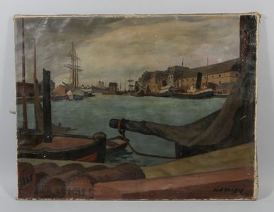 tableau représentant une scène de port avec des bateaux et des bâtiments en arrière-plan