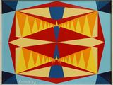 peinture représentant un motif géométrique rouge, jaune et bleu sur fond bleu