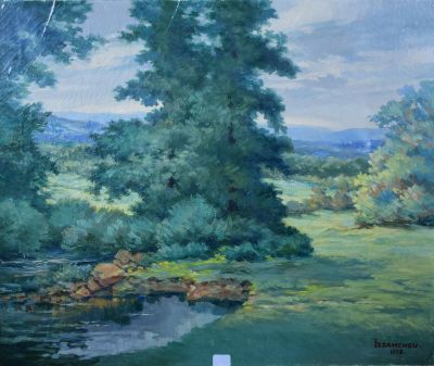 un tableau représentant une rivière dans un champ bordé d'arbres