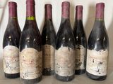 six bottles of red wine are lined up on a table
