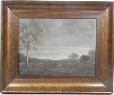 une peinture à l'huile représentant un paysage avec un arbre solitaire au premier plan