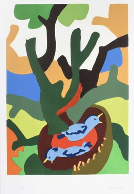une image représentant un tableau où l'on voit un oiseau perché sur une branche d'arbre