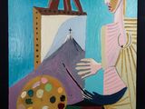 un tableau représentant une femme debout devant un chevalet