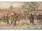 une image représentant un tableau où l'on voit un groupe de personnes marchant dans la neige