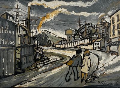 un tableau représentant deux personnes marchant dans la rue