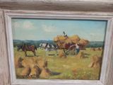 an oil painting of a man on a horse drawn wagon in a field of hay