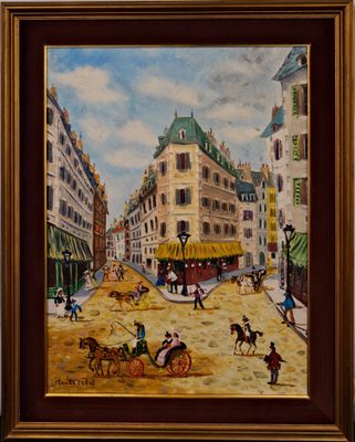 painting of a street scene with a horse drawn carriage in the foreground
