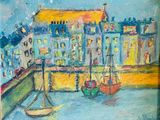 une peinture représentant une scène portuaire avec des bateaux dans l'eau