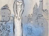 dessin représentant une femme debout devant un château, accompagnée d'un chien