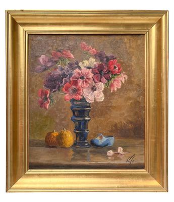 painting of flowers in a blue vase with a pumpkin on a table