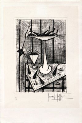 a black and white drawing of a vase on a table