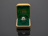 an image of a diamond and emerald ring in a green box