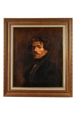 une peinture à l'huile représentant un homme vêtu d'un manteau noir