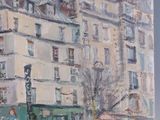 painting of a painting of a street scene with a building in the background