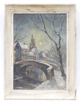 an oil painting of a bridge over a river with a church in the background