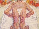 a painting of a man laying on a bed with fish in the background