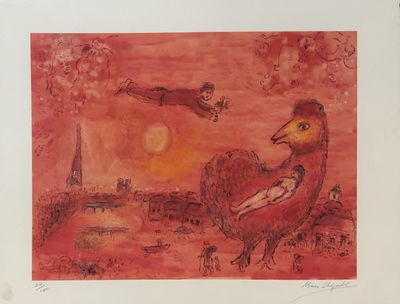 an image of a painting of a bird flying over a city