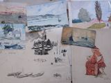 many different pictures of a woman sitting on a bench