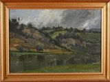 an oil painting of a landscape with a river and hills