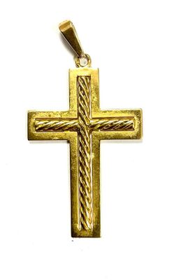 a gold cross pendant on a white background