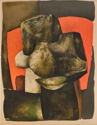 une image représentant un tableau sur lequel figurent un vase et un vase posé sur une table