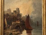 an oil painting of a harbor scene with boats in the water and a castle in the background