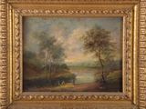 an oil painting of a landscape with a river in the foreground