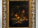 an oil painting of a man and a woman sitting at a table with a candle