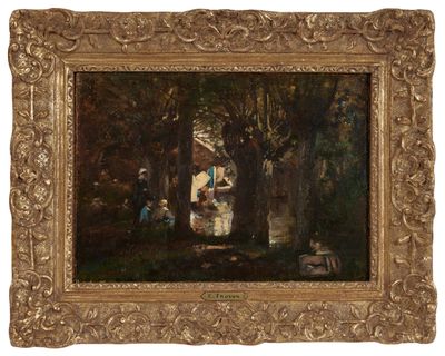 une image représentant un tableau où l'on voit un homme et une femme dans un environnement boisé