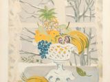 un tableau représentant des fruits dans un vase posé sur une table