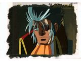 animation art of a man with blue hair in a yellow shirt