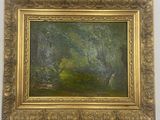 peinture à l'huile d'une scène de forêt avec des arbres au premier plan