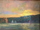 painting of a sunset over a body of water with sailboats in it