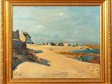 une image représentant une peinture d'une scène de plage avec des bateaux sur l'eau