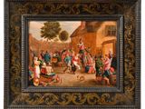 an oil painting of a group of people playing a game in a village