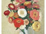 a painting of flowers in a white vase on a table