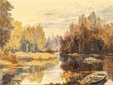 a painting of a boat sitting on the shore of a river